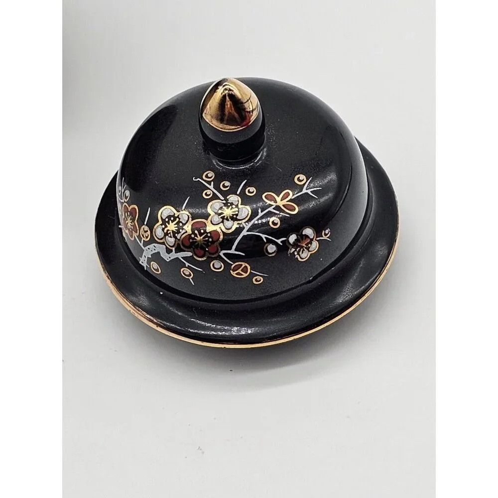 Asahi Japan Vase Black Floral Porcelain Peacock Ginger Jar Urn with Lid